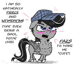 Size: 1750x1542 | Tagged: safe, artist:chopsticks, derpibooru import, oc, oc only, oc:chopsticks, pegasus, pony, blushing, butt fluff, cheek fluff, chest fluff, chibi, chipped tooth, dialogue, hat, male, nose wrinkle, open mouth, simple background, smol, solo, stallion, stray strand, talking to viewer, text, unshorn fetlocks, white background