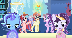 Size: 1280x677 | Tagged: safe, artist:velveagicsentryyt, derpibooru import, moondancer, starlight glimmer, oc, oc:callisto, oc:cosmica, oc:moona, oc:violet star, phoenix, pony, unicorn, g4, baby, baby pony, bipedal, colt, deviantart watermark, egg, female, filly, foal, garyfier, horn, hourglass, magical lesbian spawn, male, obtrusive watermark, offspring, parent:flash sentry, parent:moondancer, parent:starlight glimmer, parent:trixie, parents:flashdancer, parents:startrix, watermark