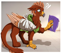 Size: 2996x2565 | Tagged: safe, artist:pridark, derpibooru import, oc, oc only, oc:pavlos, griffon, bandage, beak, broken bone, broken wing, cast, cheek fluff, claws, clothes, colored wings, commission, cushion, eared griffon, griffon oc, injured, non-pony oc, nonbinary, pillow, sling, solo, stuck, tail, wings