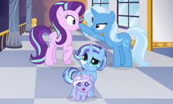 Size: 1024x615 | Tagged: safe, artist:velveagicsentryyt, derpibooru import, starlight glimmer, trixie, oc, oc:callisto, oc:violet star, pony, g4, baby, baby pony, boop, colt, deviantart watermark, female, foal, lesbian, magical lesbian spawn, male, obtrusive watermark, offspring, parent:starlight glimmer, parent:trixie, parents:startrix, shipping, startrix, watermark