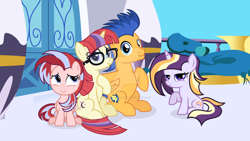 Size: 1024x579 | Tagged: safe, artist:velveagicsentryyt, derpibooru import, flash sentry, moondancer, oc, oc:cosmica, oc:moona, pony, unicorn, g4, female, filly, foal, horn, offspring, parent:flash sentry, parent:moondancer, parents:flashdancer