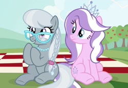 Size: 1758x1220 | Tagged: safe, artist:cstrawberrymilk, derpibooru import, diamond tiara, silver spoon, earth pony, pony, g4, apple, apple tree, duo, duo female, female, mare, older, older diamond tiara, older silver spoon, picnic blanket, tree