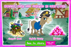 Size: 1961x1298 | Tagged: safe, derpibooru import, cranky doodle donkey, donkey, g4, advertisement, clothes, compass, costs real money, english, fishing rod, gameloft, gem, hat, introduction card, male, mobile game, my little pony: magic princess, numbers, official, sale, saw, shirt, telescope, text, wagon