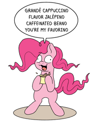 Size: 1164x1496 | Tagged: safe, artist:doodledonutart, derpibooru import, pinkie pie, earth pony, pony, g4, atg 2024, coffee, derp, female, mare, newbie artist training grounds, pinkie found the coffee, simple background, solo, white background, xk-class end-of-the-world scenario