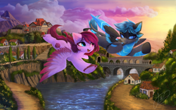 Size: 5496x3458 | Tagged: safe, artist:empress-twilight, derpibooru import, oc, oc only, oc:amika, oc:veen, pegasus, pony, robot, robot pony, bridge, duo, flying, mountain, scenery