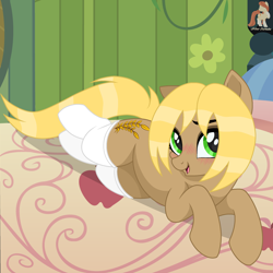 Size: 2500x2500 | Tagged: safe, artist:r4hucksake, derpibooru import, oc, oc only, oc:golden fields, earth pony, pony, base used, bed, blush lines, blushing, clothes, female, mare, on bed, open mouth, open smile, smiling, socks, solo