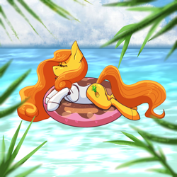 Size: 2048x2048 | Tagged: safe, artist:krais, derpibooru import, oc, oc only, oc:anna pine, beach, curly hair, curly mane, eyes closed, freckles, haydee, inflatable, lying down, pineapple, pool toy, solo, water