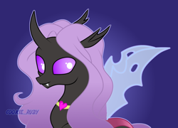 Size: 1024x738 | Tagged: safe, artist:cookie-ruby, derpibooru import, oc, oc only, changeling, blue background, changeling oc, heart, jewelry, lavender hair, necklace, ponysona, purple changeling, purple eyes, simple background, solo