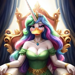 Size: 728x728 | Tagged: safe, ai content, derpibooru import, generator:stable diffusion, machine learning generated, princess celestia, anthro, bird, duck, g4, ducklestia, female, horn, prompter:chillyhooves, solo, species swap, throne, wat