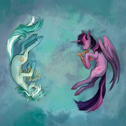 Size: 1800x1800 | Tagged: safe, artist:weird--fish, derpibooru import, lyra heartstrings, twilight sparkle, twilight sparkle (alicorn), alicorn, pony, unicorn, fanfic:background pony, fanfic:non-background pony: a song of twilight, g4, commission, duo, duo female, female, horn, lying down, lyre, musical instrument