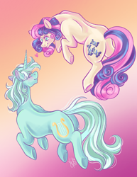 Size: 2550x3300 | Tagged: safe, artist:ashley-the-muffin, artist:sugarsong, derpibooru import, bon bon, lyra heartstrings, sweetie drops, earth pony, pony, unicorn, g4, duo, duo female, female, gradient background, heart, horn, lesbian, looking at each other, looking at someone, lyrabon, shipping, smiling, smiling at each other