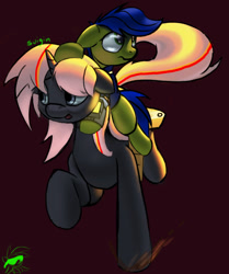 Size: 618x739 | Tagged: safe, artist:quicksilver1987, artist:suigin migasuto, derpibooru import, oc, oc only, oc:scotch tape, oc:velvet remedy, earth pony, pony, unicorn, fallout equestria, fallout equestria: project horizons, g4, bag, clothes, earth pony oc, fanfic art, glowing, horn, jumpsuit, medical saddlebag, pipbuck, purple background, riding, riding a pony, running, saddle bag, signature, simple background, sunglasses, unicorn oc, vault suit