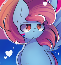 Size: 2400x2550 | Tagged: safe, artist:miryelis, derpibooru import, oc, oc only, oc:rainven wep, pegasus, pony, female, heart, long hair, mare, ponytail, pride, pride flag, red eyes, smiling, solo, wings