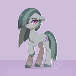 Size: 1200x1200 | Tagged: safe, artist:inkypuso, derpibooru import, marble pie, earth pony, pony, g4, cute, ears, female, floppy ears, hair over one eye, marblebetes, mare, purple background, raised hoof, raised leg, simple background, solo