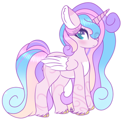 Size: 1476x1444 | Tagged: safe, artist:pasteldraws, derpibooru import, oc, oc only, oc:amora love, alicorn, pony, blushing, colorful, commission, fading, horn, multicolored hair, simple background, solo, sparkles, swirls, transparent background, two toned eyes, wings