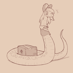 Size: 1200x1200 | Tagged: safe, artist:cold-blooded-twilight, derpibooru import, derpy hooves, snake, g4, anaconda, blushing, box, clothes, forked tongue, monochrome, raised tail, sketch, species swap, tail, tongue, tongue out, uniform