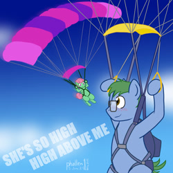Size: 1024x1024 | Tagged: safe, artist:phallen1, derpibooru import, oc, oc only, oc:software patch, oc:windcatcher, earth pony, pegasus, atg 2024, blushing, earth pony oc, newbie artist training grounds, parachute, pegasus oc, simple background, skydiving, song reference, tal bachman