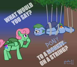 Size: 1024x903 | Tagged: safe, artist:phallen1, derpibooru import, oc, oc only, oc:software patch, oc:windcatcher, earth pony, pegasus, atg 2024, blushing, dave matthews band, duo, earth pony oc, newbie artist training grounds, parachute, pegasus oc, simple background, song reference, tangled up, tree