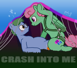 Size: 1024x898 | Tagged: safe, artist:phallen1, derpibooru import, oc, oc only, oc:software patch, oc:windcatcher, earth pony, pegasus, atg 2024, blushing, covered, dave matthews band, duo, earth pony oc, eye to eye, face to face, first meeting, implied accident, newbie artist training grounds, parachute, pegasus oc, shipping, simple background, sitting on lap, song reference