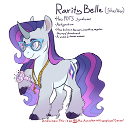 Size: 1584x1550 | Tagged: safe, artist:caffeinatedcarny, derpibooru import, rarity, pony, unicorn, g4, alternate cutie mark, alternate universe, aromantic, asexual, bulimia, chubby, cloven hooves, coat markings, curved horn, disabled, eyeshadow, glasses, gradient legs, gradient mane, headcanon, horn, intersex, leonine tail, lgbt, lgbt headcanon, lgbtq, makeup, measuring tape, pincushion, pots syndrome, redesign, simple background, solo, tail, unshorn fetlocks