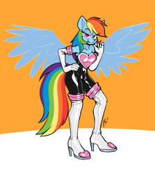 Size: 2950x3300 | Tagged: safe, artist:latexia, derpibooru import, rainbow dash, anthro, pegasus, g4, abstract background, bedroom eyes, boots, breasts, clothes, commission, cosplay, costume, evening gloves, female, gloves, high heel boots, high res, latex, latex gloves, latex suit, long gloves, open mouth, open smile, rouge the bat costume, shoes, smiling, solo, sonic the hedgehog (series), tail, wings