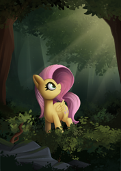 Size: 2480x3508 | Tagged: safe, artist:andelai, derpibooru import, fluttershy, pegasus, pony, bush, forest, nature, rock, solo, stone, tree