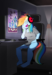 Size: 2398x3433 | Tagged: safe, artist:latexia, derpibooru import, rainbow dash, anthro, pegasus, g4, barefoot, breasts, chair, cleavage, clothes, computer, computer mouse, eyes closed, feet, headphones, indoors, lamp, office chair, open mouth, open smile, panties, poster, room, shirt, sitting, smiling, tail, underwear, wonderbolts