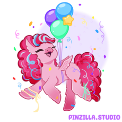 Size: 640x640 | Tagged: safe, artist:pinzillastudio, derpibooru import, oc, oc only, classical hippogriff, hippogriff, g4, balloon, confetti, eyes closed, female, floating, fusion, fusion:pinkie pie, fusion:pinkiestream, fusion:silverstream, hippogriff oc, open mouth, open smile, simple background, small wings, smiling, solo, stars, white background, wings