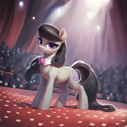 Size: 2880x2880 | Tagged: safe, ai content, derpibooru import, generator:pony diffusion v6 xl, generator:stable diffusion, machine learning generated, octavia melody, on stage, earth pony, pony, g4, bowtie, looking at you, prompt in description, prompter:derp621, smiling, smiling at you, theater