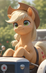 Size: 2000x3200 | Tagged: safe, ai content, editor:derp621, machine learning generated, ponerpics import, applejack, earth pony, pony, applejack's hat, blurry background, clothes, cowboy hat, ear fluff, ears, female, generator:tponynai3, hat, mare, prompter:derp621, smiling, solo, tractor
