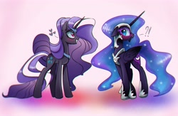 Size: 4900x3200 | Tagged: dead source, safe, artist:magnaluna, derpibooru import, nightmare moon, nightmare rarity, rarity, alicorn, pony, unicorn, g4, abstract background, blushing, chromatic aberration, crush, cute, duality, duo, duo female, ears, embarrassed, ethereal mane, ethereal tail, exclamation point, female, floppy ears, grin, heart, heart eyes, helmet, high res, hoof shoes, horn, interrobang, lesbian, long horn, mare, moonabetes, palindrome get, peytral, princess shoes, profile, question mark, raribetes, self paradox, self ponidox, selfcest, ship:dance of the nightmares, shipping, side view, slit eyes, smiling, tail, unamused, wingding eyes