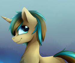 Size: 2500x2104 | Tagged: safe, artist:magnaluna, derpibooru import, oc, oc only, oc:demi, oc:demiurgic theory, pony, unicorn, chest fluff, cute, fluffy, gradient background, high res, horn, looking at you, male, profile, side view, smiling, smiling at you, solo, stallion, tail, unicorn oc