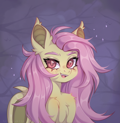 Size: 1869x1917 | Tagged: safe, artist:arisuyukita, derpibooru import, fluttershy, bat pony, pony, g4, bat ears, bat ponified, bat wings, chest fluff, colored eyebrows, cute, cute little fangs, eyebrows, fangs, female, flutterbat, looking at you, mare, open mouth, open smile, race swap, slit eyes, smiling, smiling at you, solo, wings