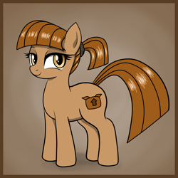 Size: 4000x4000 | Tagged: safe, artist:anonymous, artist:vomitvomiting, derpibooru import, oc, oc only, oc:brown box, earth pony, pony, /bale/, brown coat, brown mane, brownish eyes, colored, earth pony oc, female, frame, gamboge eyes, gradient background, grayish brown coat, hairband, light brown mane, looking at you, mare, mare oc, pony oc, ponytail, shiny mane, solo, standing