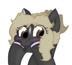 Size: 728x654 | Tagged: safe, artist:thomas.senko, derpibooru import, oc, oc only, oc:black betty, earth pony, pony, blonde, blushing, brown eyes, dark skin, ear fluff, ears, female, happy, mare, simple background, solo, white background