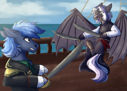 Size: 2144x1540 | Tagged: artist needed, safe, derpibooru import, oc, oc only, oc:jasmine, oc:riptide, bat pony, earth pony, pony, angry, blue mane, clothes, cloud, duel, duo, female, fight, hat, jacket, mare, ocean, pirate, pirate ship, satchel, shirt, sky, smiling, sword, sword fight, vest, water, weapon