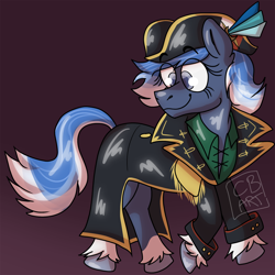 Size: 2000x2000 | Tagged: artist needed, safe, derpibooru import, oc, oc only, oc:riptide, earth pony, pony, clothes, cute, female, gradient background, happy, hat, jacket, mare, pirate, purple background, simple background, smiling, solo, unshorn fetlocks