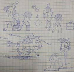 Size: 3024x2942 | Tagged: safe, artist:anonymous, derpibooru import, oc, oc only, oc:brown box, earth pony, /bale/, arrow, box, cardboard box, christmas, clothes, danger, earth pony oc, envelope, female, graph paper, hat, holiday, mailmare uniform, mare, pen drawing, present, running, santa hat, stairs, traditional art, winter outfit