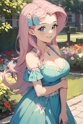 Size: 1280x1920 | Tagged: safe, ai content, derpibooru import, machine learning generated, fluttershy, human, g4, breasts, cleavage, clothes, female, flower, hootershy, humanized, park, prompter:the-sanctuaire, solo