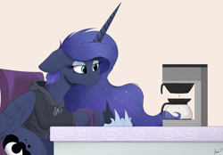 Size: 1875x1306 | Tagged: safe, artist:arcane-thunder, derpibooru import, princess luna, alicorn, pony, g4, atg 2024, clothes, coffee, coffee machine, coffee mug, constellation hair, female, folded wings, hoodie, hoof shoes, horn, long horn, mare, mug, newbie artist training grounds, sitting, solo, wings