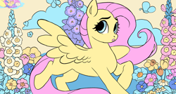 Size: 2206x1182 | Tagged: safe, artist:gorjee-art, derpibooru import, fluttershy, butterfly, pegasus, pony, g4, colored, female, flat colors, flower, mare, missing cutie mark, solo, spread wings, wings, wip