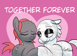 Size: 3212x2321 | Tagged: artist needed, safe, derpibooru import, oc, oc:zippers, earth pony, pony, bald, cute, duo, eyes closed, female, heart, love, mare