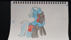 Size: 1600x900 | Tagged: artist needed, safe, derpibooru import, trixie, oc, oc:zippers, earth pony, pony, angry, bald, cute, duo, eyes closed, female, great and powerful, hug, lined paper, mare, paper, red eyes, traditional art