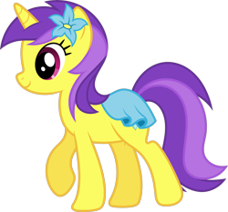 Size: 9913x9242 | Tagged: safe, artist:starryshineviolet, derpibooru import, banana fluff, pony, unicorn, canterlot boutique, g4, absurd resolution, clothes, female, flower, flower in hair, horn, mare, simple background, skirt, solo, transparent background, vector, walking