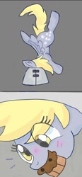 Size: 584x1256 | Tagged: safe, artist:percypawz, derpibooru import, derpy hooves, pegasus, pony, g4, 2 panel comic, blushing, comic, cute, derpabetes, eating, elizabethan collar, emanata, food, gray background, looking down, muffin, muffin denial, simple background, solo, solution, upside down