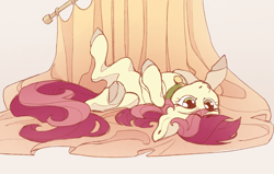 Size: 2059x1312 | Tagged: safe, artist:miss_glowwormis, derpibooru import, roseluck, pony, g4, behaving like a cat, collar, commission, commissioner:doom9454, curtains, cute, lying down, pet tag, pony pet, rosepet