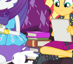 Size: 1920x1680 | Tagged: safe, derpibooru import, edit, edited screencap, screencap, angel bunny, rarity, sunset shimmer, human, rabbit, better together, equestria girls, g4, the finals countdown, animal, book, boots, bracelet, clothes, composite screencap, dress, female, jacket, jewelry, leather, leather jacket, legs, male, notepad, pencil, rarity peplum dress, shoes, sitting, sitting on floor, skirt, sleeveless, sleeveless dress