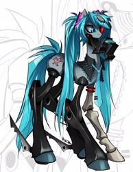 Size: 1591x2048 | Tagged: safe, artist:yarnican, derpibooru import, cyborg, pony, robot, robot pony, blue mane, blue tail, calne ca, female, hatsune miku, isopod, long legs, mare, ponified, solo, species swap, tail, tall, vocaloid