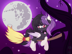 Size: 2560x1920 | Tagged: safe, artist:olivi, derpibooru import, oc, oc only, bat pony, pony, adoptable, art, base, broom, character, commission, flying, flying broomstick, mare in the moon, moon, night, solo, tree, witch, your character here