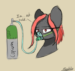 Size: 2100x2000 | Tagged: safe, artist:psychotix, derpibooru import, oc, oc only, oc:zippers, bald, bust, clip studio paint, copium, female, looking at you, mare, oxygen mask, oxygen tank, red eyes, solo, talking to viewer